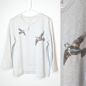 Loft grey beaded birds, sweater, crewneck, large